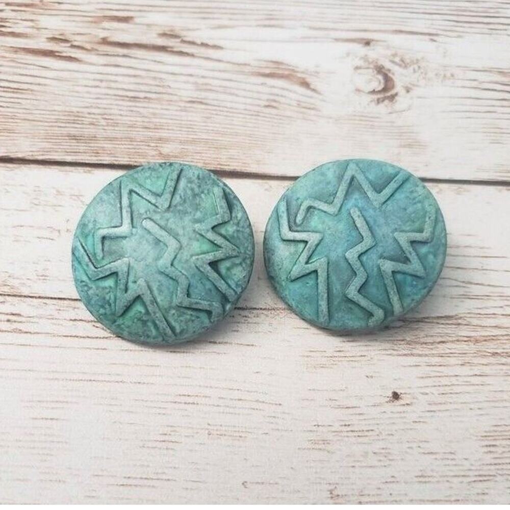 Vintage Clip On Earrings - Retro Turquoise/Teal Tone 1 & 1/8" Large Very Retro